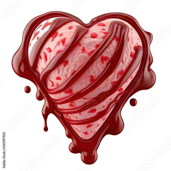 Obraz Heart shaped pink ice cream in a waffle cone with topping isolated on white background. St. Valentine's Day food design.