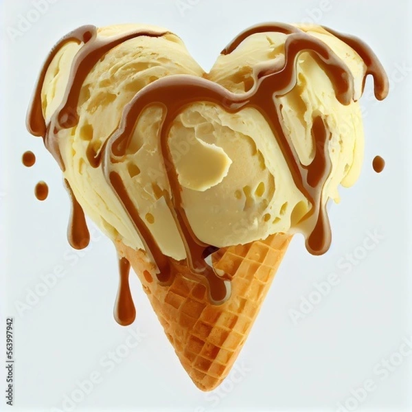 Obraz Heart shaped yellow ice cream in a waffle cone with topping isolated on white background. St. Valentine's Day food design.