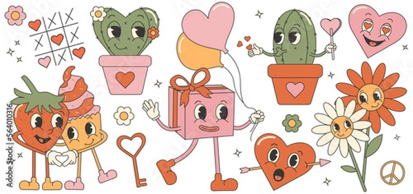 Obraz Trendy comic groovy valentines day sticker set with cupcake, strawberry, cactus, daisy and hearts. Retro valentines day. 70s 60s aesthetics.