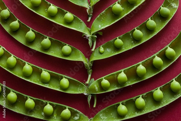 Obraz Green pea pods laid out on a red background. Top view. Food concept.