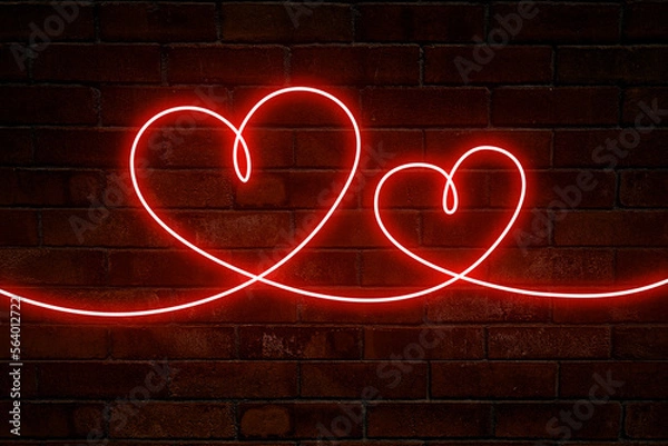 Fototapeta Two hearts. Neon hearts with a red glow on the background of an old brick wall.