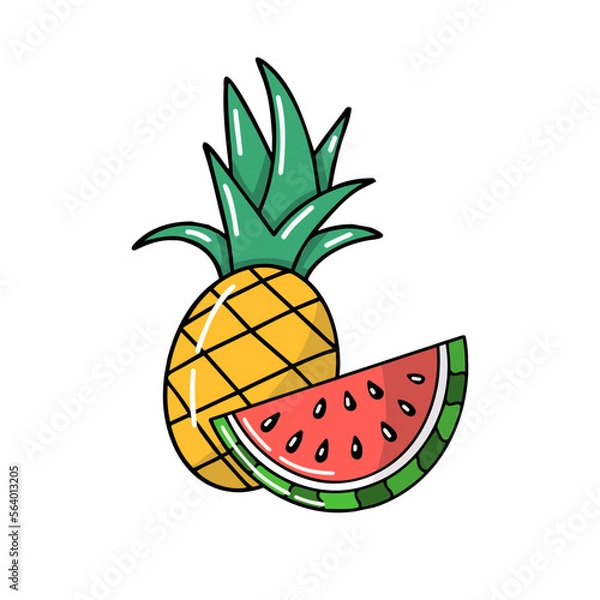 Fototapeta Watermelon ananas pineapple icon vector sketch illustration artwork design beach party fresh fruits isolated on white background