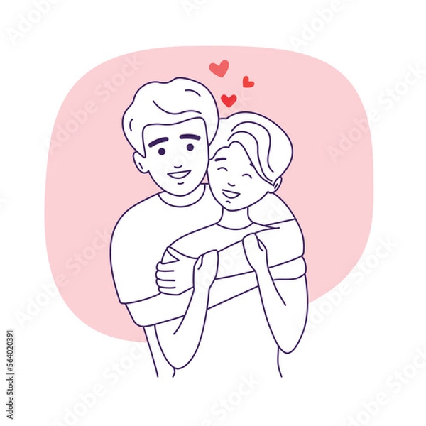 Obraz Love couple hugging. Man embracing young woman. A guy and a girl in love together.  Vector linear graphics isolated on white background.