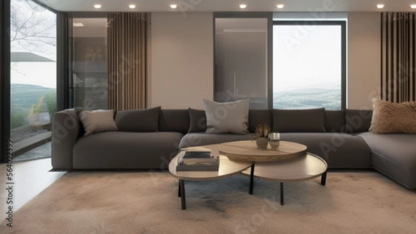 Fototapeta modern living room with view, postmodern, luxurious, Generative AI