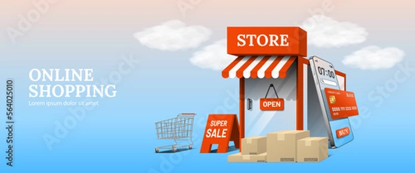 Fototapeta Online shopping smartphone with credit card. Cloud above store with parcel boxes and shopping cart. 3D vector.