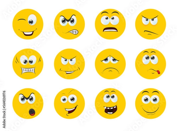 Fototapeta Round abstract comic Faces with various Emotions. Cartoon drawing style. Different colorful characters, Flat design. Hand drawn trendy Vector illustration.