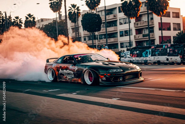 Obraz Tuned Toyota Supra drifting through Los Angeles. Generative AI. 