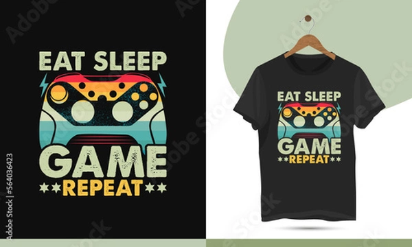 Fototapeta Eat sleep game repeat - Vintage retro color-style gaming t-shirt design template. Vector illustration With a gamepad, controller, and Grungy Effect shirt art.