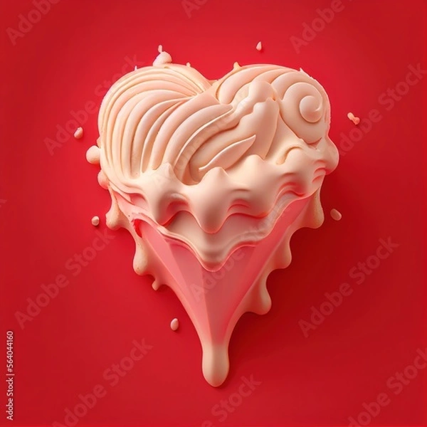 Obraz Pink heart shaped ice cream in a waffle cone with topping on red solid background. St. Valentine's Day food design concept