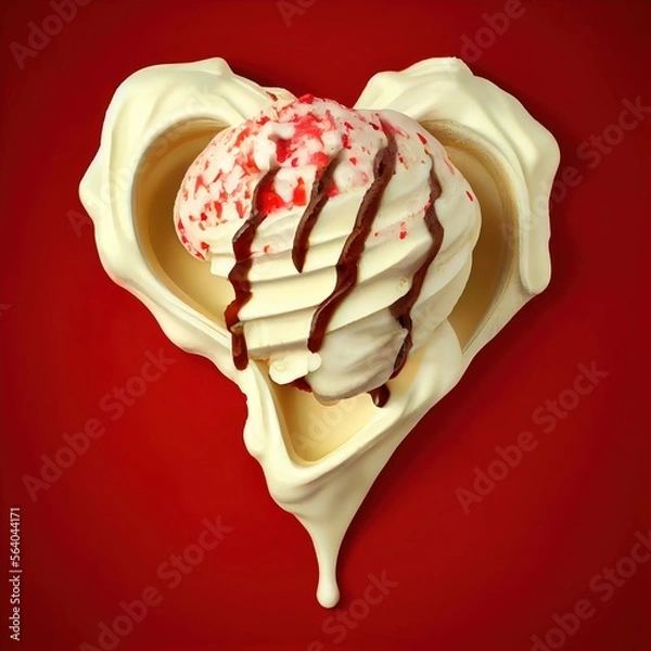 Obraz Vanilla heart shaped ice cream in a waffle cone with topping on red solid background. St. Valentine's Day food design concept