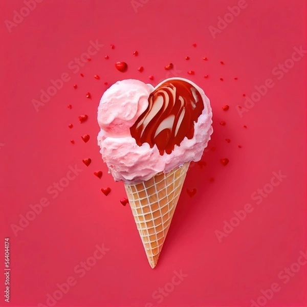 Obraz Pink heart shaped ice cream in a waffle cone with topping on red solid background. St. Valentine's Day food design concept
