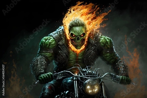 Fototapeta Evil ghost biker on fire