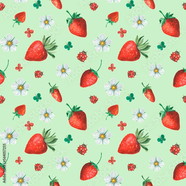 Fototapeta Colorful summer botanical seamless pattern with bright red strawberries, white flowers and cute ladybugs. Art for textile, decor and packing.