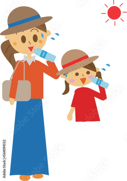 Fototapeta 夏の猛暑の中ペットボトルのミネラルウォーターで熱中症対策をしている親子のイラスト・炎天下・