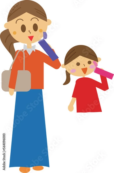 Fototapeta マイボトルで真夏の炎天下の中水分補給をしている親子のイラスト・猛暑・水筒・熱中症対策