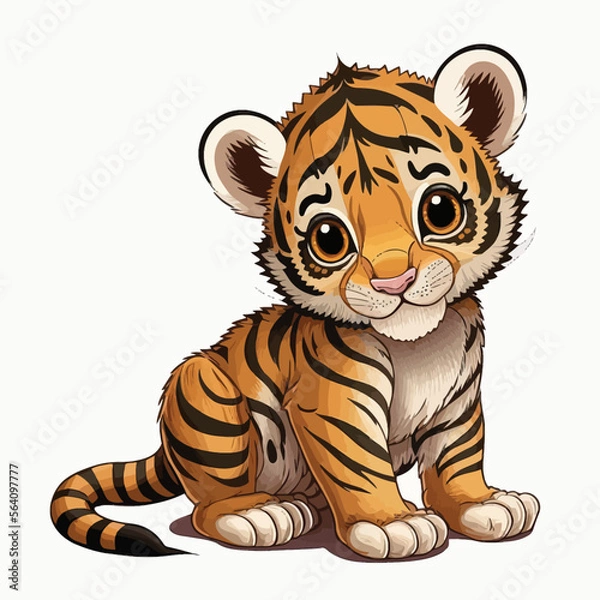 Fototapeta Cute baby little tiger sitting on white background. Vector cartoon illustration.