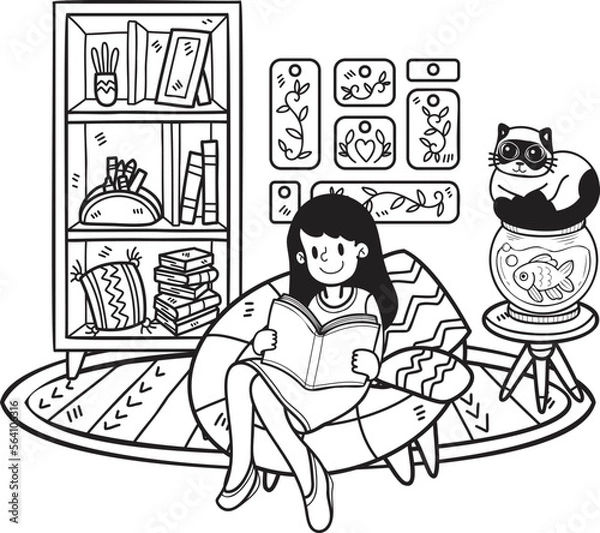 Obraz Hand Drawn The owner sits and reads a book with the cat in the living room illustration in doodle style
