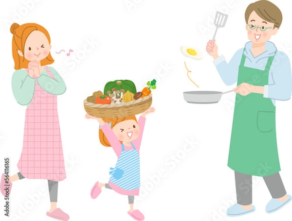 Fototapeta 沢山の野菜で料理をする親子のベクターイラスト素材