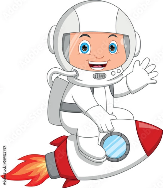 Obraz cartoon young astronaut riding a rocket