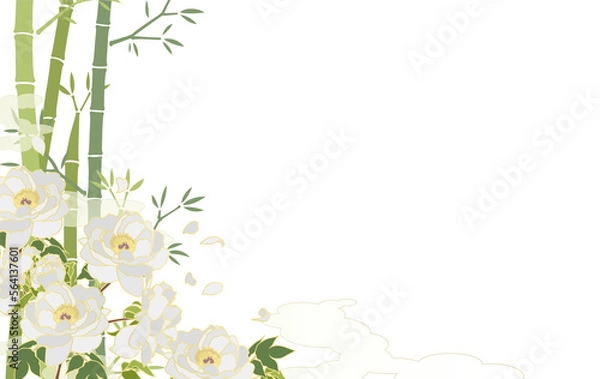 Obraz 透過背景の白牡丹と和柄な雲＆竹模様の背景素材
