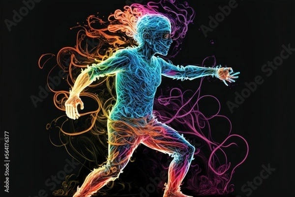 Fototapeta Neon dancers with fire in the dark, figurative art, dynamic pose, flickering light, Illustration, Generative AI
