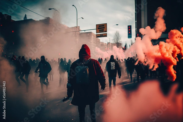 Obraz Riot on the street with smoke around, Generative Ai