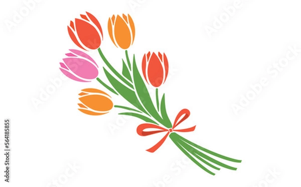 Obraz シンプルな春のお花のチューリップの花束イラスト_ベクター素材_ビビット赤色_透過PNG