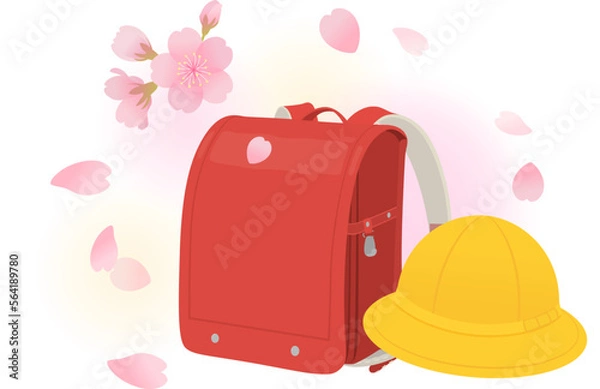 Fototapeta 赤いランドセル・黄色い帽子と桜のイメージ素材_ベクターイラスト