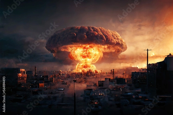 Obraz Nuclear bomb explosion with mushroom cloud in city (Generative AI)