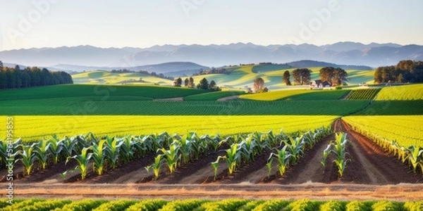 Fototapeta Corn field growing in farmland with mountains in the background, beautiful plains, rolling hills and immaculate rows of crops