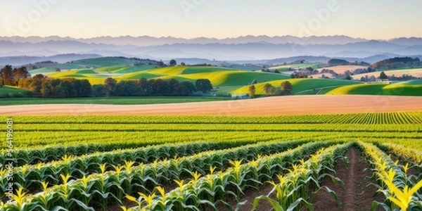 Fototapeta Corn field growing in farmland with mountains in the background, beautiful plains, rolling hills and immaculate rows of crops