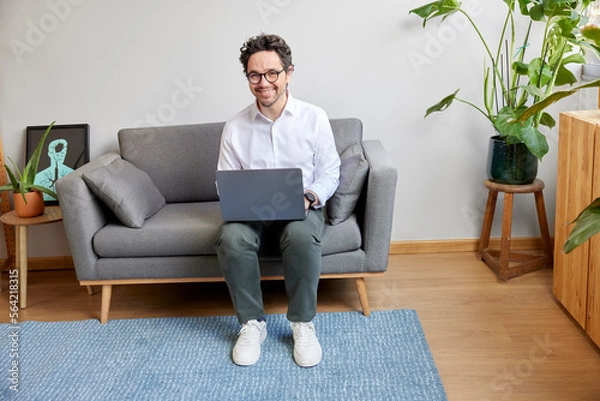 Obraz Glad man using laptop on couch