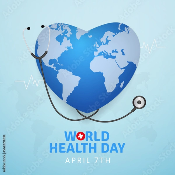 Fototapeta World Health Day April 7th with globe heart shape illustration on light blue color background