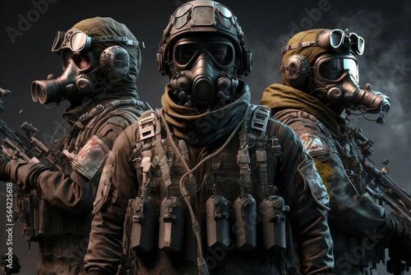 Fototapeta A group of soldiers with gas masks, Generative AI