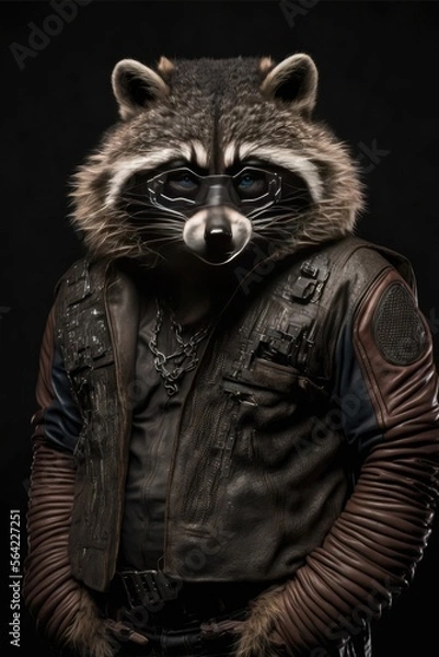 Fototapeta portrait of a badass racoon in jacket Generative AI