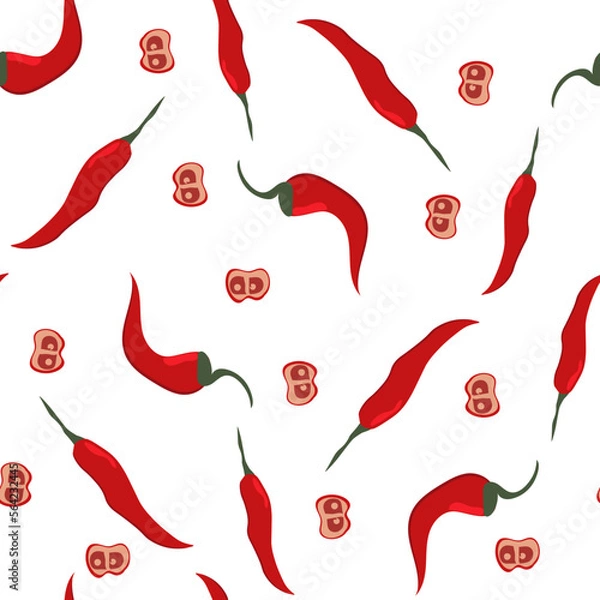 Obraz Seamless pattern with red chili pepper on a white background. Square composition. Vector background.
