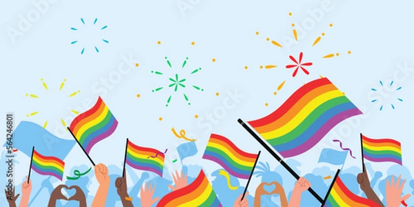 Obraz Pride day people. Pride day flag. lgbt. crowd of people with rainbow flags and symbols on pride parade