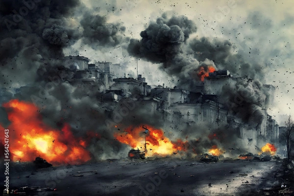 Obraz War in Ukraine, destroyed buildings in cities, explosions, army, tanks, created with Generative AI technology	