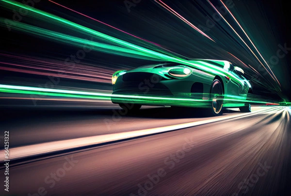 Fototapeta Car speed with blurry light trail in the dark background. Transportation and Technology concept. Generative AI