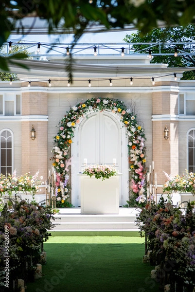 Obraz 결혼식을 위해 화려한 꽃장식으로 준비된 야외 결혼식 파티