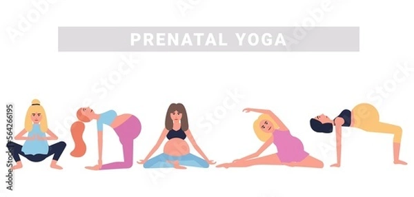 Obraz Beauty pregnant woman doing yoga poses. Hatha asanas complex,soft pregnant yoga. Health care and fitness concept. Active female characters. Place for text. Concept of a healthy pregnancy