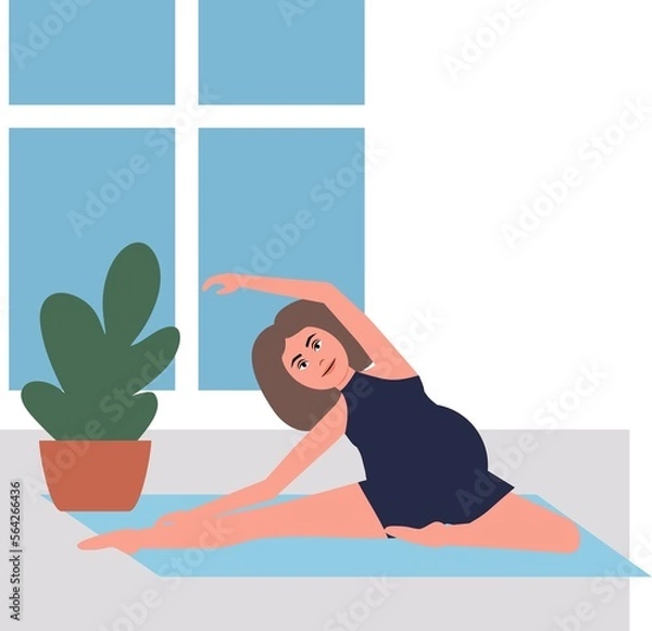 Obraz silhouettes of women in windows doing yoga. Yoga for pregnant women. Collection of active sports mothers for workout pilates, relaxing body exercises. Homework exercise for prenatal yoga.