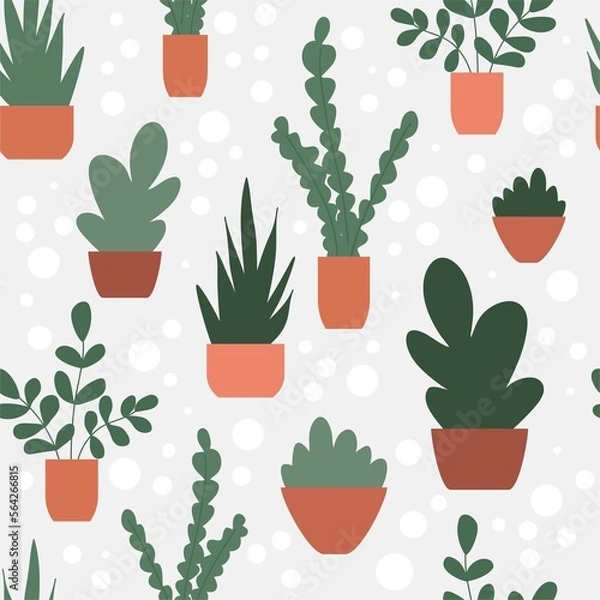 Obraz Seamless pattern with flowers in pots. Vector Hand drawn background for design and card, covers, package, wrapping paper.