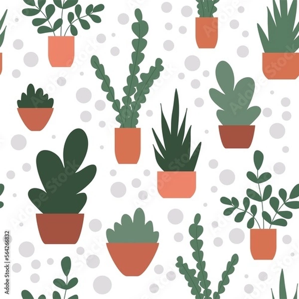 Fototapeta Seamless pattern with flowers in pots. Vector Hand drawn background for design and card, covers, package, wrapping paper.