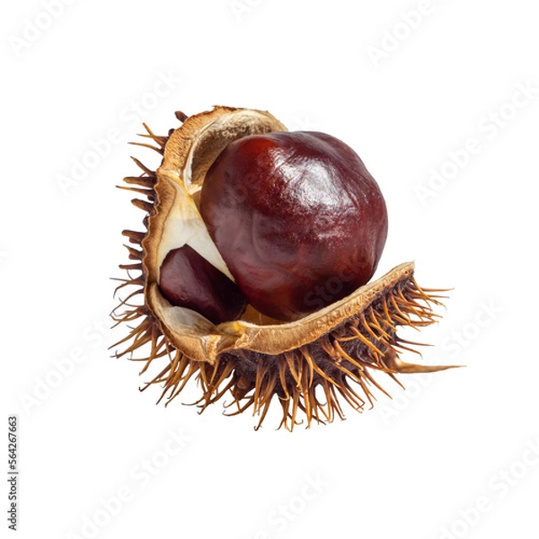 Obraz Chestnut kernels in an open shell isolated on a transparent background. High-quality chestnut isolate. conker isolated
