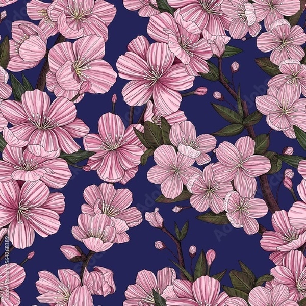 Fototapeta Seamless pattern of Sakura branches. Cherry blossom background. Hand-drawn
