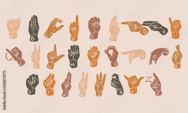 Fototapeta American Sign Language Alphabet. 26 letters of ASL. Sign Language spelling. Deaf culture, gestures. Flat items in boho colors.