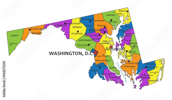Fototapeta Colorful Maryland political map with clearly labeled, separated layers. Vector illustration.