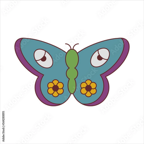 Fototapeta Funky, hipster sticker of batterfly in groovy style