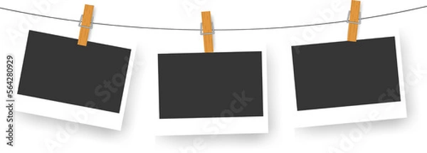 Fototapeta Snapshots attached to a clothespin. Realisctic retro photo frames. Booth empty teplate for collage